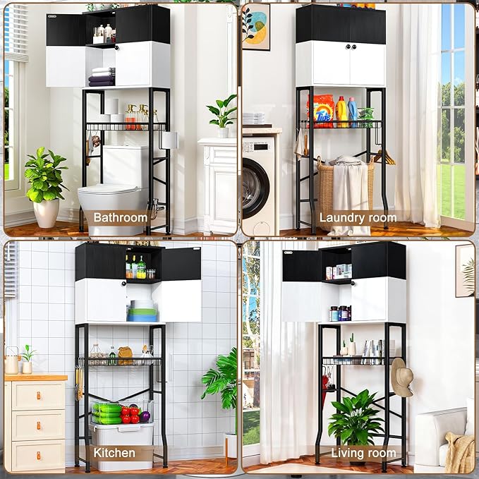 Over-The-Toilet Storage Rack, 4-Tier Bathroom Organizer Shelf Over Toilet with Barn Doors Cabinet and Basket, Freestanding Space Saver Bathroom Shelves with Paper Holder Above Toilet (Black & White)