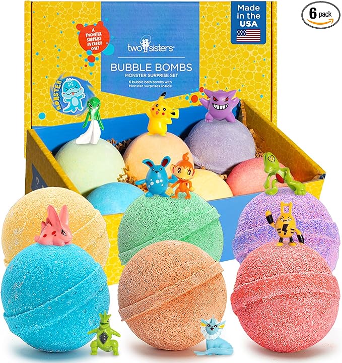 Poke Monster Bath Bombs for Kids with Surprise Inside (6 Pack) - Large Bubble Bath Bomb for Boys & Girls - Fruity Scent, Skin-Safe, USA Made, Children and Boys Valentines Gift by Two Sisters