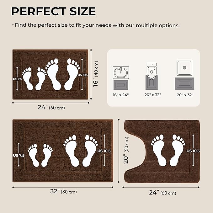 GRANNY SAYS Bathroom Rugs Sets 3 Piece, Soft Absorbent Microfiber Bath Mats for Bathroom Non Slip Washable, U-Shaped Toilet Bath Rugs for Tub Shower (Brown, 16" x 24" + 20" x 32" + U Shaped 20" x 24")