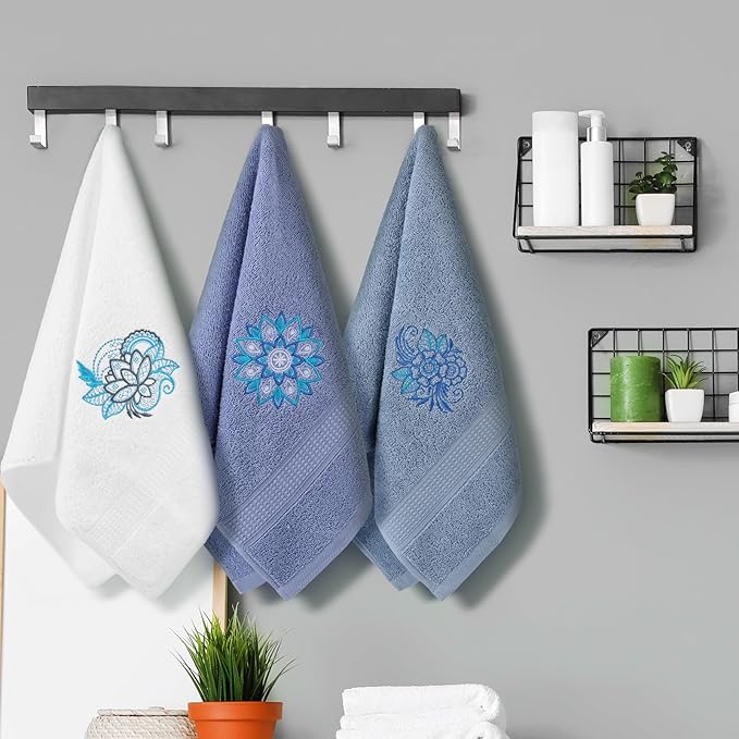 3 Pcs Mandala Hand Towels Mandala Flower Boho Bathroom Decor 14x29 Inch Embroidered Modern 100% Cotton Absorbent Hand Towels for Bathroom Kitchen