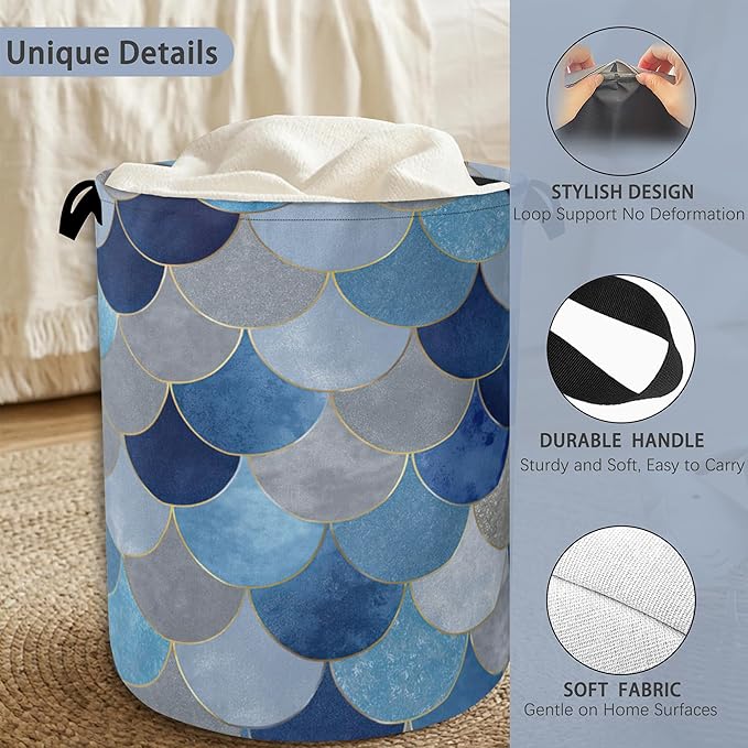 Mermaid Fish Laundry Hamper,Dirty Clothes Laundry Basket with Handles Waterproof Oxford Cloth Storage Basket for College Dorms Bathroom Bedroom 16" x 20.8"