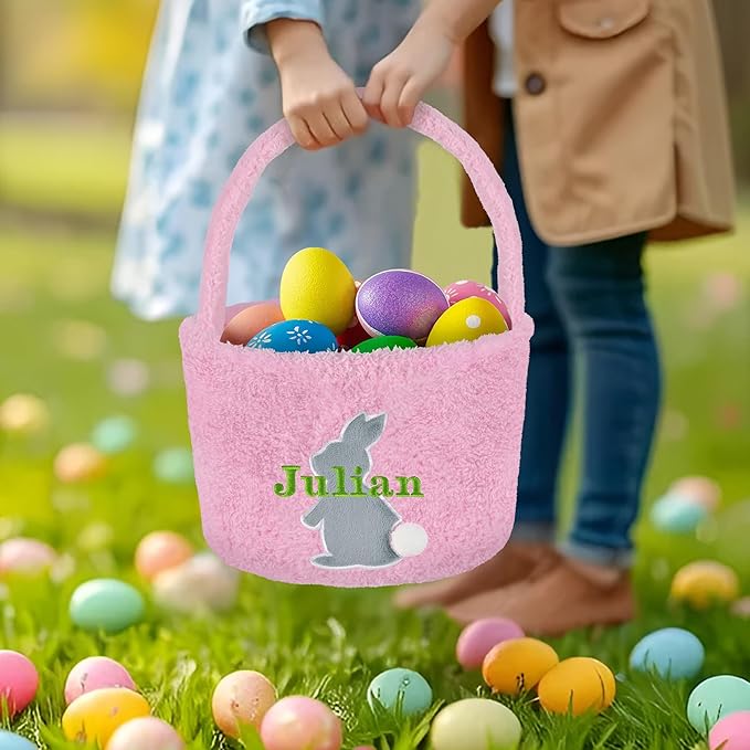 Easter Basket for Kids, VAPCUFF Easter Bunny Basket, Personalized Easter Baskets, Easter Basket with Name - - Pink Basket Grey Bunny