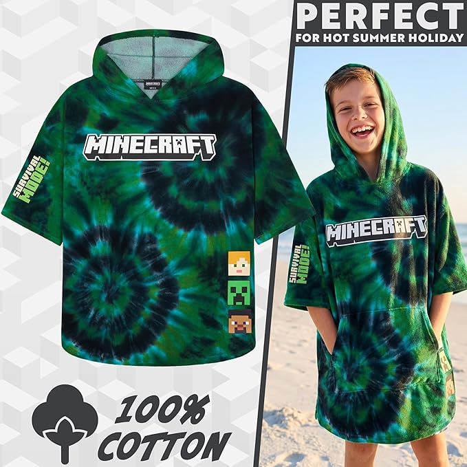 Minecraft Towelling Poncho Kids Teens Hooded Bath Towels Absorbent Beach Towel (Multi Tie Dye, 6-9 Years)