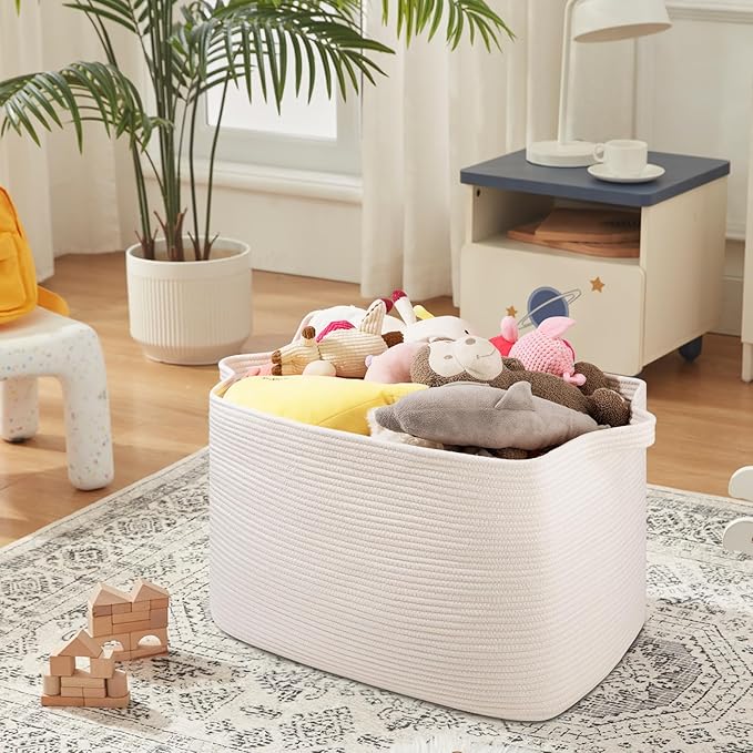 108L Extra Large Blanket Basket, 24.8" x 16.2" x 16.2" Rectangle Woven Storage Baskets for Living Room, Nursery, Bedroom, Toy Basket with Handle (White)