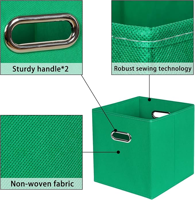 Green Foldable Storage Bins, 11x11x11, Set of 3, (Fabric Cube Organizer with Handle, for Cloth or Accessory Storage)