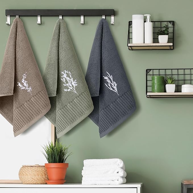 3 Pcs Boho Botanical Hand Towels Bathroom Decor Retro Embroidered Minimalist Nature Floral Boho Decorative Towels for Bathroom Kitchen Decor, 100% Cotton, 13.3 x 29.5''