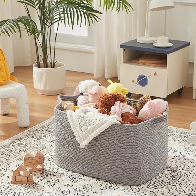 108L Extra Large Blanket Basket, 24.8" x 16.2" x 16.2" Rectangle Woven Storage Baskets for Living Room, Nursery, Bedroom, Toy Basket with Handle (Dark Grey)