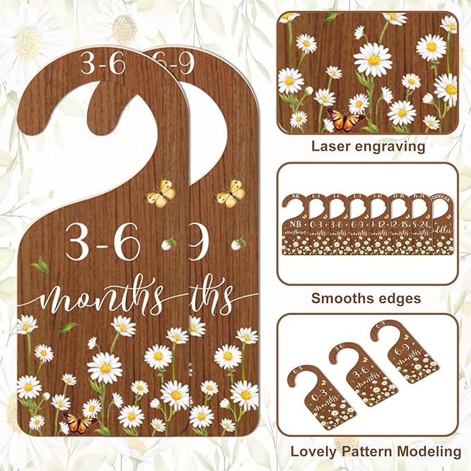 Whaline 8Pcs Daisy Baby Closet Size Dividers Hanging Wooden Baby Closet Organizers Newborn to Toddler Rustic Floral Butterfly Infant Wardrobe Organizers for Home Nursery Bedroom