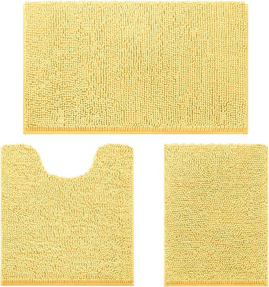 HOMEIDEAS 3 Pieces Bathroom Rugs, Ultra Soft Non Slip Absorbent Chenille Toilet Bath Mat Set (Yellow)