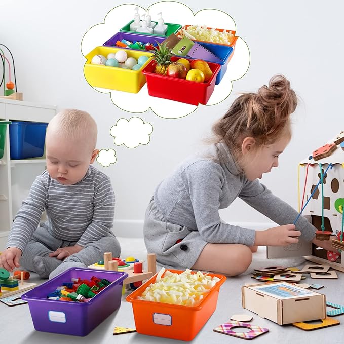 Hoolerry 24 Pcs Plastic Cubby Storage Bins Classroom Cubby Organization with Self Adhesive Labels Bin Small Stackable Storage Containers Toy Book Box for School(11.5 x 7.5 x 5 Inch,Colorful)