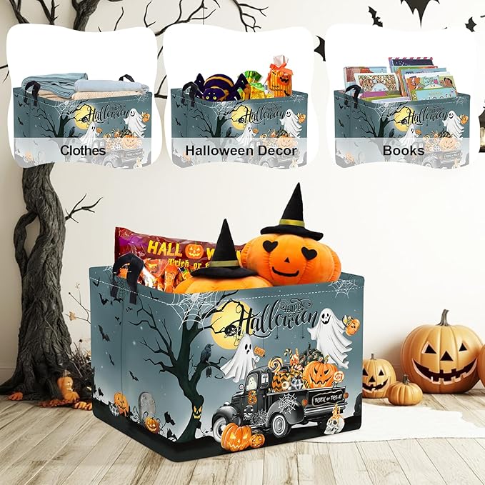 Clastyle Halloween Pumpkin Storage Basket Kid Spooky Book Gift Basket Empty Outdoor Graveyard Jack-o-lantern Boo Bin Baby Nursery Clothes Hamper Toy Box,Ghost Truck,40*30*30 cm