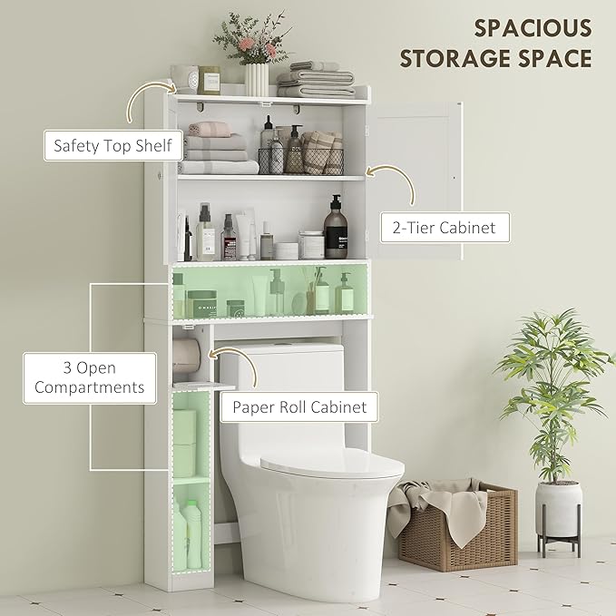 HOMCOM Over The Toilet Storage Cabinet, Modern Above Toilet Bathroom Organizer with 2 Doors, Storage Shelves, Toilet Paper Holder, Freestanding Space Saver for Bathroom, Laundry, White