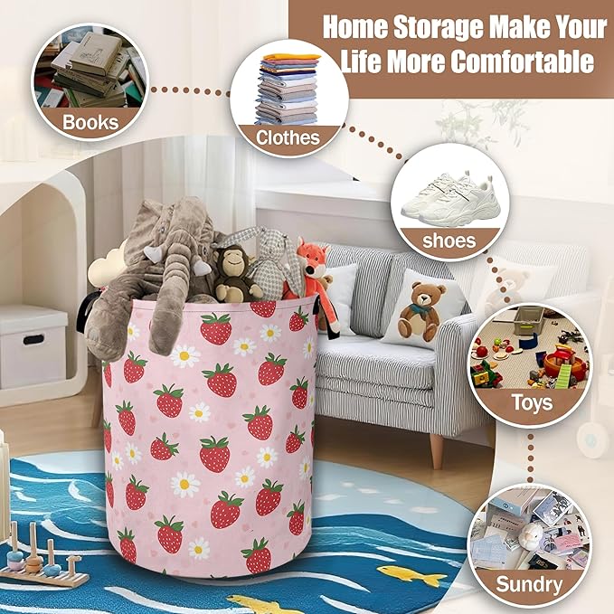 Laundry Hamper,Strawberry Groovy Floral Collapsible Laundry Baskets Waterproof Oxford Cloth With Handles,Clothes Storage Bucket Toy Organizer For Bathroom/Nursery/Bedroom 16" x 20.8"