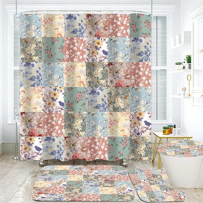4Pcs Boho Shower Curtain Set Vintage Floral Bathroom Sets with Rugs Patchwork Floral Shower Curtain with 12 Hooks