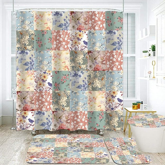 4Pcs Boho Shower Curtain Set Vintage Floral Bathroom Sets with Rugs Patchwork Floral Shower Curtain with 12 Hooks