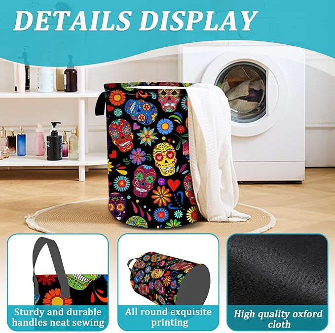 Sugar Skull Flower Laundry Basket, Foldable Waterproof Halloween Laundry Hamper Funny Tote Bag Dirty Clothes Storage Bucket Toy Organizer for Bathroom/Laundry/Bedroom 15.7"x19.6"