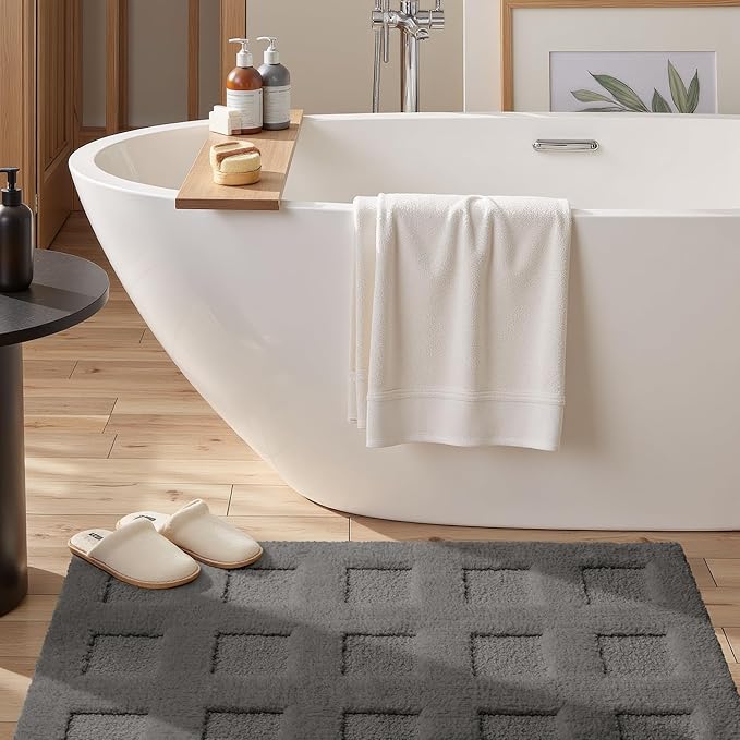 GRANNY SAYS Bathroom Rugs Non Slip Washable, Extra Soft & Water Absorbent Bath Mats for Bathroom, Plush Shaggy Bath Carpet, Deep Grey Waffle Bath Mat Quick Dry for Tub & Shower 24" x 36"