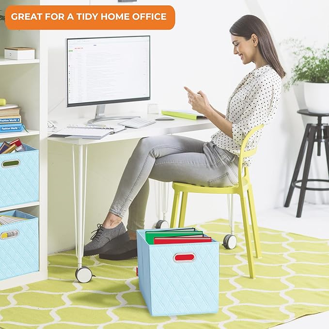 FH Group JIAessentials 13" Faux Leather Foldable Storage Cube Bins Set of 2 – Blue Diamond Patterned Organizers with Handles for Closet & Shelves