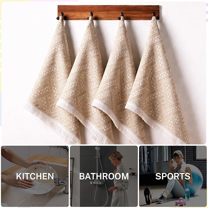 4-Pack Cotton Bathroom Hand Towels – Boho Cotton Hand Towel Set with Jacquard Weave & Fringe, 13"x29.1" Absorbent Soft Face Set for Kitchen, Bathroom, Guest Tea Gift (Brown, White)