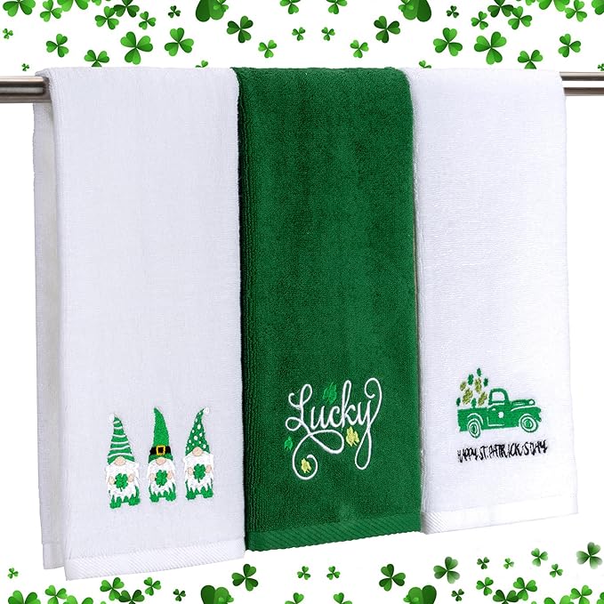 3 Pcs St. Patrick's Day Hand Towels Embroidered Decorative Lucky Shamrock 100% Cotton Bath Towel for Bathroom Home Kitchen Decor Housewarming Gifts 13.4" x 29.5"