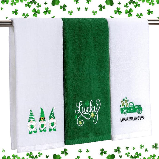 3 Pcs St. Patrick's Day Hand Towels Embroidered Decorative Lucky Shamrock 100% Cotton Bath Towel for Bathroom Home Kitchen Decor Housewarming Gifts 13.4" x 29.5"