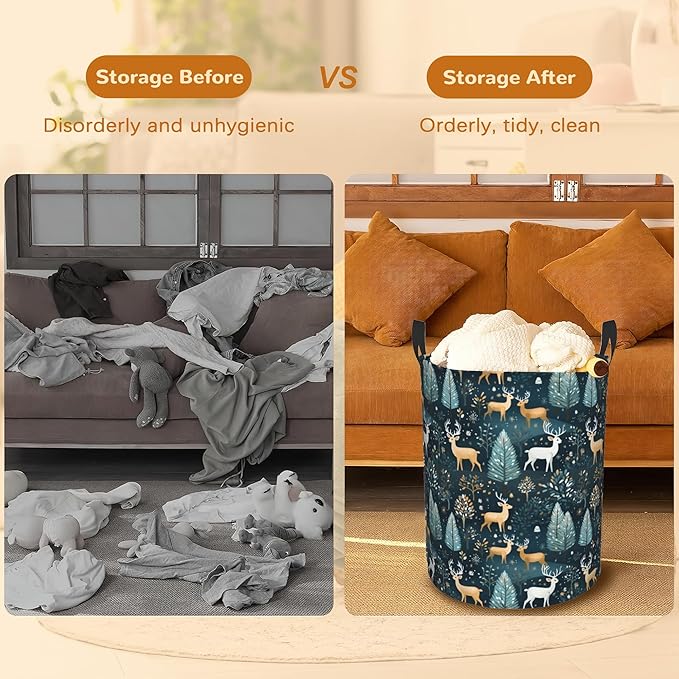 Christmas Deer Laundry Basket,Forest Trees Foldable Laundry Hamper Waterproof Oxford Cloth Tote Bag,Clothes Storage Bucket Decorative Toy Organizer For Bathroom Bedroom 16" x 20"