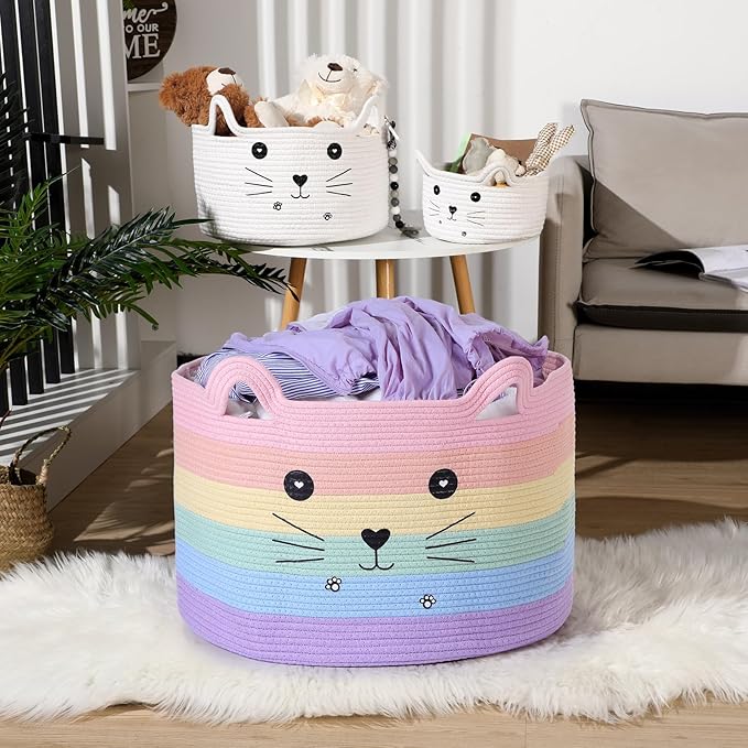 Zopeal Cat Basket Storage Woven Organizer with Ears Christmas Decorative Pet Toy Cute Cotton Rope Basket for Gift Cat Dog Toy Bin Nursery Room(21.7 x 13.8 Inch,Macaron Color)