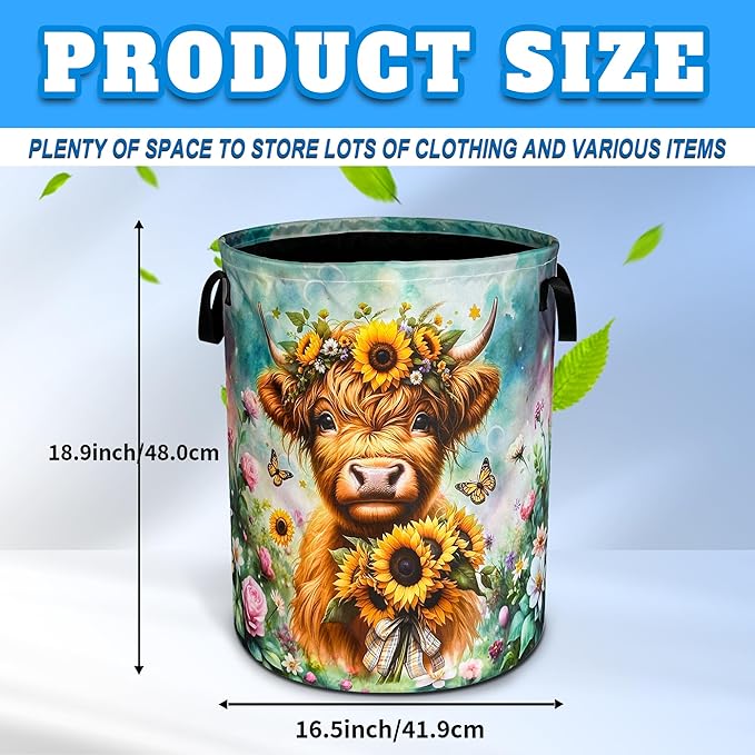 Highland Cow Laundry Basket Brown Longhorn Cattle Oxford Cloth Laundry Hamper With Handle Foldable Portable Clothes Storage Basket 18.9 X 16.5 Inch Storage Bag For Laundry Room/Bathroom/Bedroom