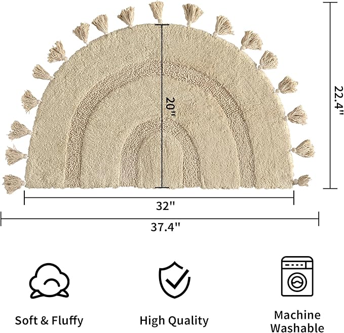 Half Circle Boho Bathroom Rug with Tassels 100% Cotton Hand-Woven Bath Mat Non Slip Absorbent Crochet Rug Washable Boho Bath Mat Carpet for Tub, Shower 27.5 Inch