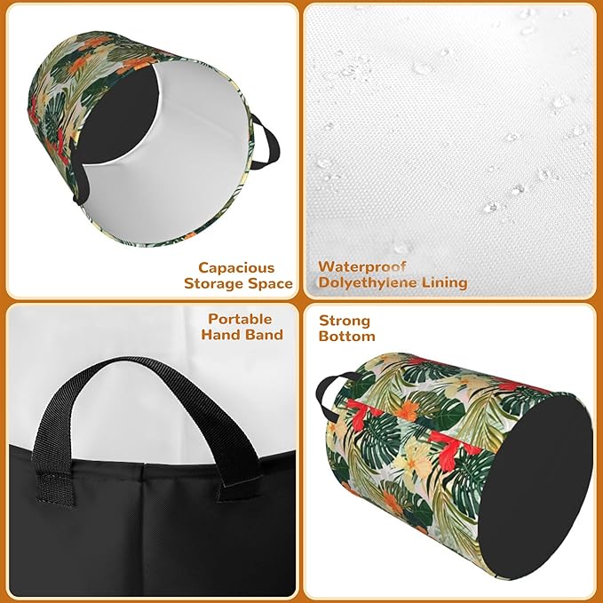 Tropical Palm Leaves Large Storage Basket,Hibiscus Flowers Laundry Hamper/Bathroom/Home Decor/Collapsible Round Storage Bin,Boys Girls Dirty Clothes Hamper/Boxes/Toys Storage 16x20 Inch