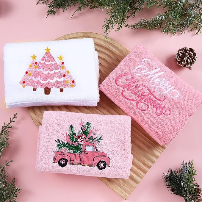 3 Pcs Pink Christmas Hand Towels for Bathroom Merry Christmas Xmas Tree Embroidered Cotton Bathroom Towels Decorative for Kitchen Dish Fast Drying Decor, 13.78 x 29.53 Inch