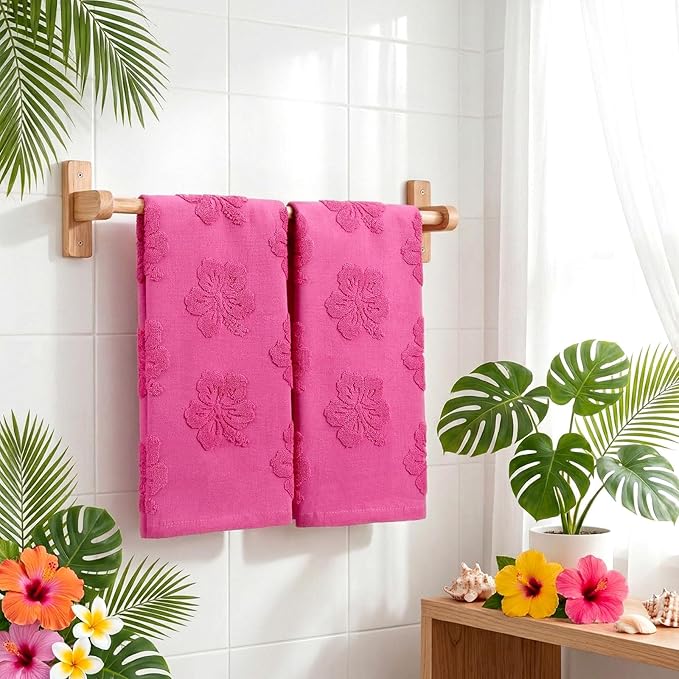 2 Pcs Hibiscus Hand Towels for Bathroom Rose Red Hibiscus 100% Cotton Jacquard Weave Hand Towels Absorbent Soft for Spring Summer Home Bathroom Kitchen Decor, 29.5 x 13.8 Inch