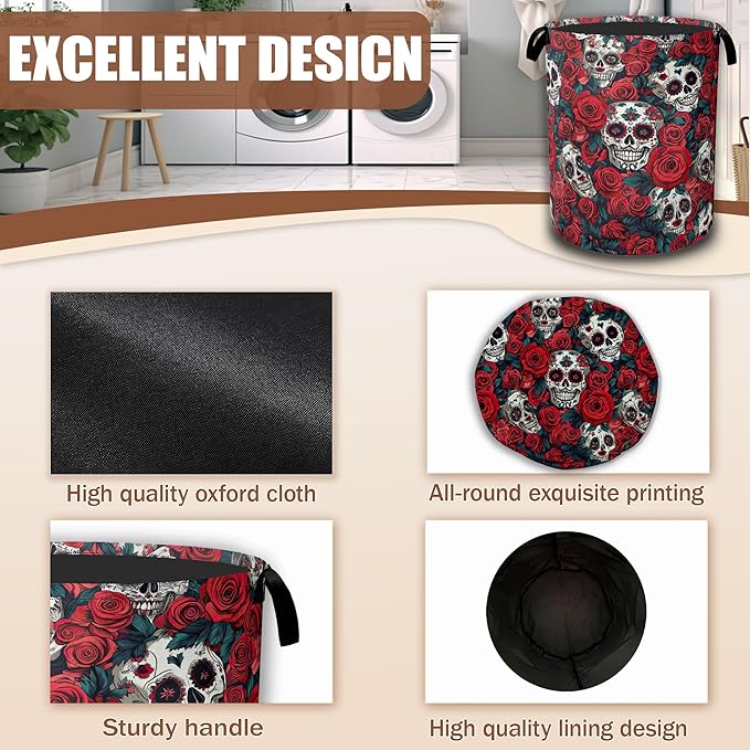 Skull Red Rose Laundry Hamper,Flowers Skeleton Laundry Baskets,Waterproof Oxford Cloth Toy Storage for Bedroom,Bathroom,Nursery,16x20.8 Inch