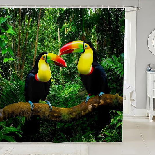 3D Toucan Fabric Shower Curtains Tropical Parrot Bath Curtain Double Birds Safari Animals Shower Curtain For Kids Boys Girls Standing On The Tree Trunk Fresh Nature Curtain Sets 72" W x 78" L Green
