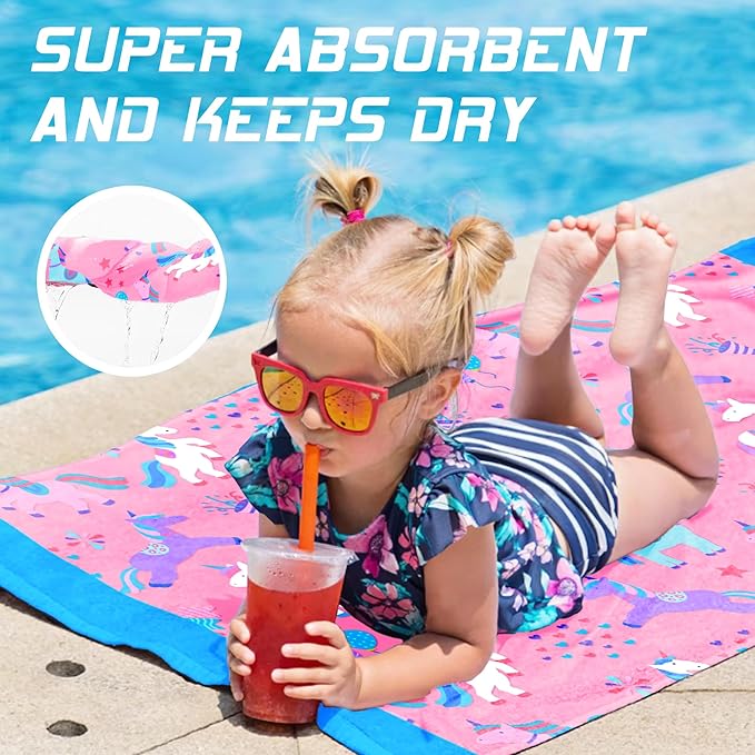 Hooded Towels for Kids -Toddler Beach Towel- Super Absorbent & Quick Dry 100% Cotton 30x50 Inch - to Kid Ages 3-10-Sky Blue Unicorn Pattern Design