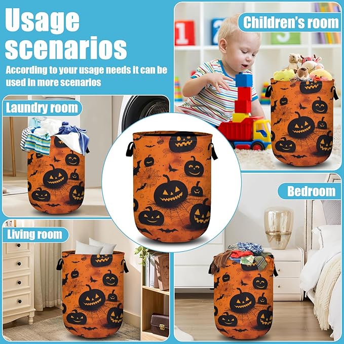 Spooky Pumpkin Laundry Basket, Halloween Laundry Hamper Collapsible Oxford Cloth with Handle Clothes Toy Storage Bin for Bathroom Laundry Room Bedroom 15.7 X 20 Inch