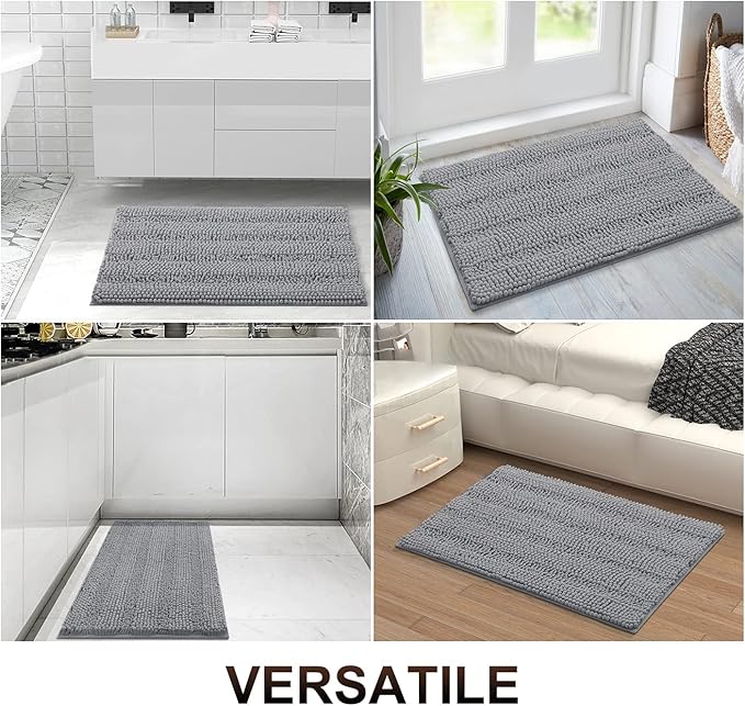 Grandaily Chenille Striped Bathroom Rugs 24x16, Extra Thick and Absorbent Bath Mats, Non-Slip Soft Plush Shaggy Shower Carpet, Machine Wash Dry, Bath Rug for Bathroom, (Small, Dark Gray)