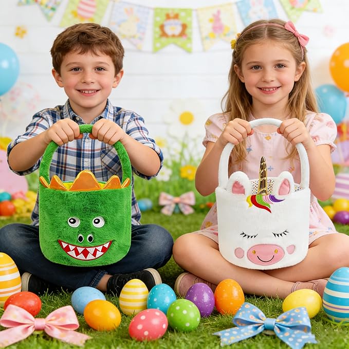 DearSun Set of 2pcs, Easter Basket Adorable Unicorn & Dinosaur Plush Baskets, Easter Egg Hunting Basket for Kids Gifts Party Decoration Supplies, Dia 8" * H 15.7"
