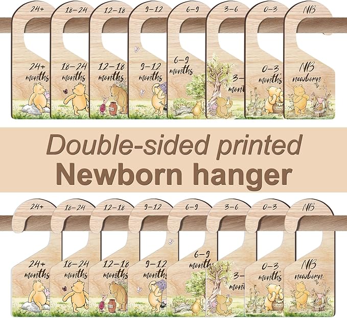 8PCS Classic Winnie Baby Closet Dividers for Newborn, the Pooh Baby Nursery Decor Wooden Hanger, Winnie Clothes Dividers for Closet, Double-Sided Printing