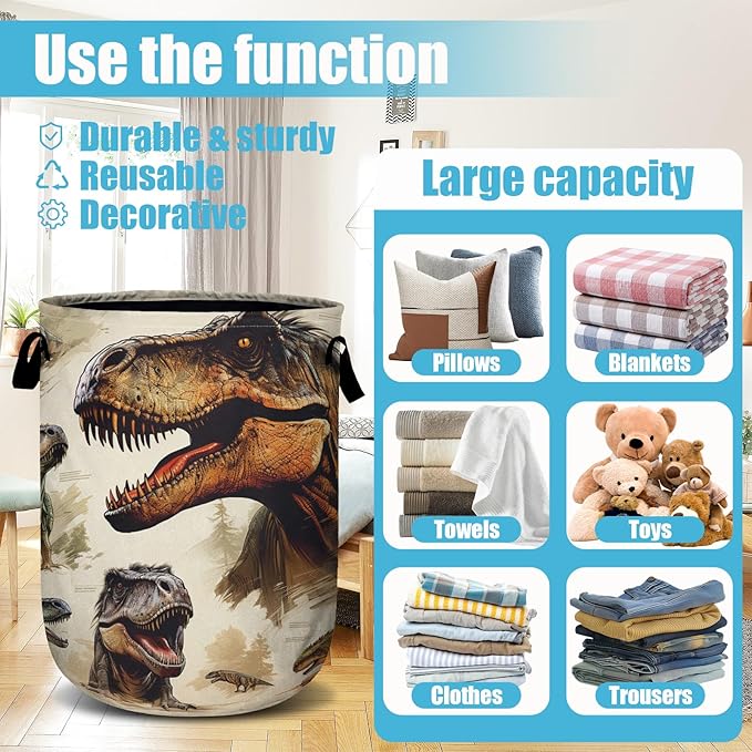 Dinosaur Laundry Basket, Laundry Hamper Collapsible Oxford Cloth with Handle Clothes Toy Storage Bin for Bathroom Laundry Room Bedroom 15.7 X 20 Inch
