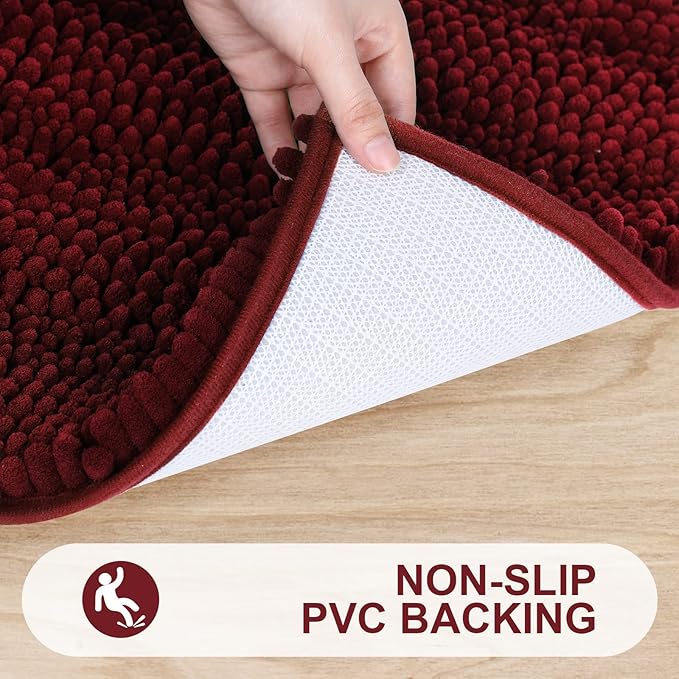 Grandaily Chenille Striped Bathroom Rugs 36x24, Extra Thick and Absorbent Bath Mats, Non-Slip Soft Plush Shaggy Shower Carpet, Machine Wash Dry, Bath Rug for Bathroom, (Large, Burgundy)