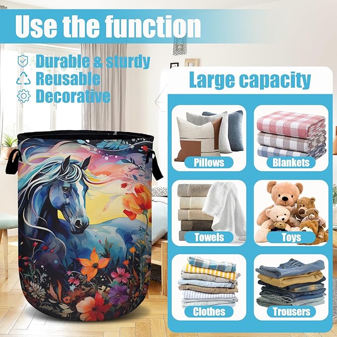 Colorful Horse Floral Laundry Basket, Laundry Hamper Collapsible Oxford Cloth with Handle Clothes Toy Storage Bin for Bathroom Laundry Room Bedroom 15.7 X 20 Inch