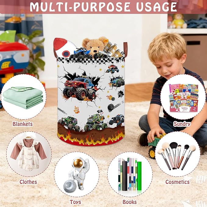 Monster Trucks Storage Basket Laundry Hamper,Collapsible Car Room Decor for Boys,Waterproof Monster Trucks Valentine's Day Gift Bag,45L Large Clothes Towel Toy Book Nursery Hamper(Round)