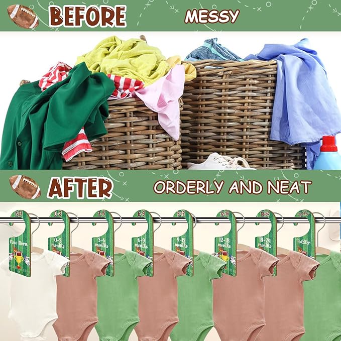 Baby Closet Dividers 8PCS, Football Theme Wooden Double-Sided Clothes Size Hanger Organizer from Newborn to Toddler for Nursery Decor Baby Shower Birthday Gift