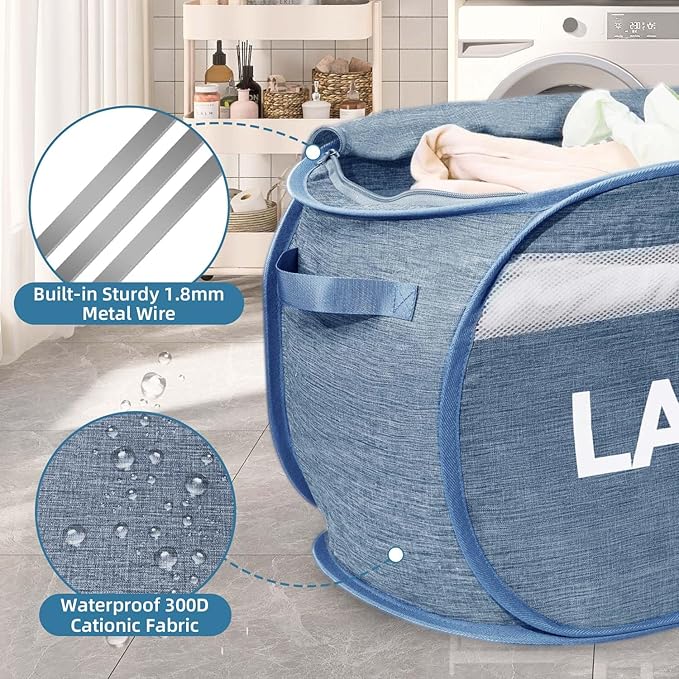 Collapsible Laundry Basket 2 pack, Foldable Pop Up Blue Laundry Baskets Mesh with Lid & Handle, Pop Up Collapsible Laundrys Hamper, Fabric Laundrys Baskets for Dorm, Travel, Bathroom