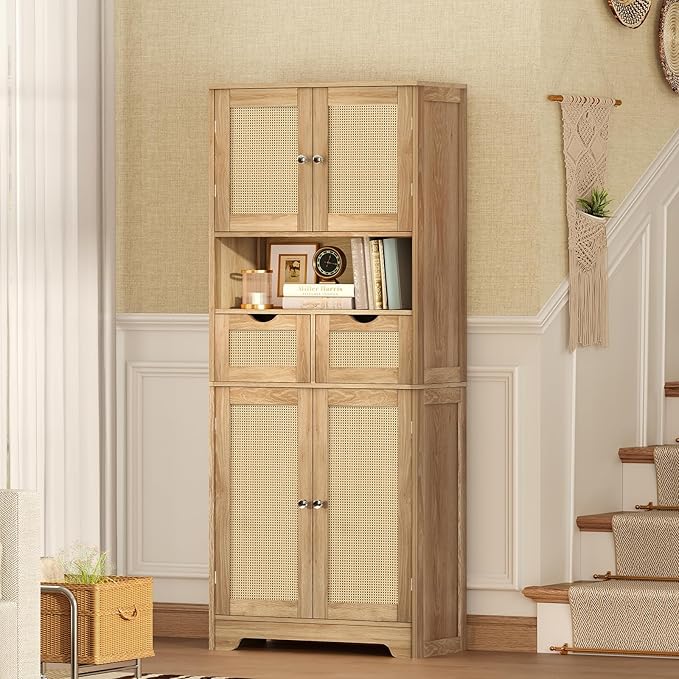 WEENFON 57.8" H Tall Storage Cabinet with 2 Drawers & 2 Adjustable Shelves, Rattan Cabinets with 4 Doors, Cupboard, Kitchen Cabinets, Pantry Cabinet, Tall Cabinet for Living Room, Entryway, Natural