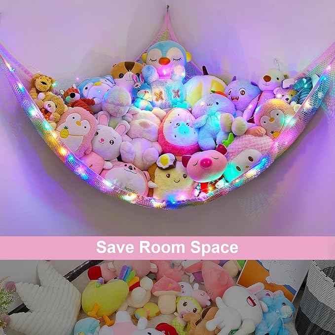 Unicorn Castle Stuffed Animals Net or Hammock Kids Toy Storage Organizer with LED Light Hanging Corner Stuffed Animals Holder Kids Girls Room Decor,Rainbow-A,Large (Pack of 2)