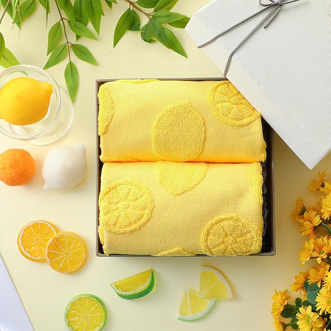 2 Pcs Lemon Hand Towels for Bathroom 100% Cotton Jacquard Weave Bath Towel Set Soft Absorbent Dish Washcloth for Bathroom Kitchen Tropical Theme Gifts 13.8 x 29.5 Inch (Lemon Yellow)