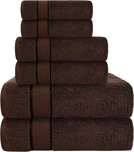 6 Piece Luxury Bathroom Towels Set - 100% Cotton, Dark Brown/Chocolate, Includes 2 Bath Towels, 2 Hand Towels, and 2 Washcloths - Quick Dry, Absorbent, Plush, Soft