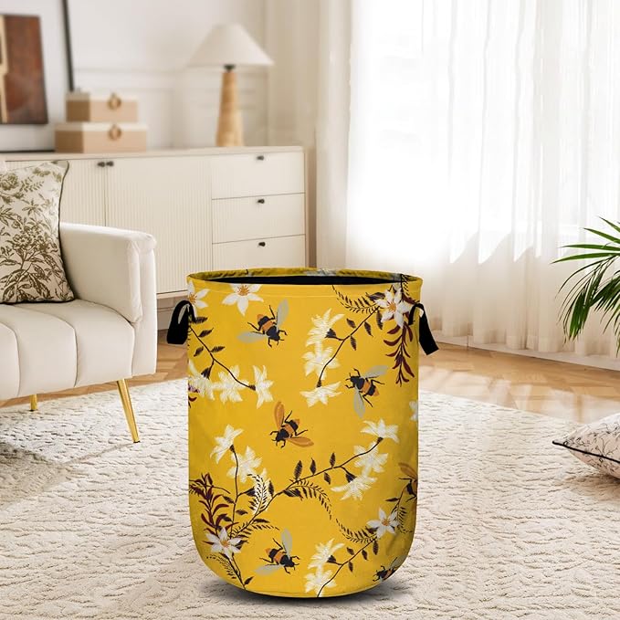 Bee Flower Laundry Basket, Spring Floral Laundry Hamper Collapsible Oxford Cloth with Handle Clothes Toy Storage Bin for Bathroom Laundry Room Bedroom 15.7 X 20 Inch